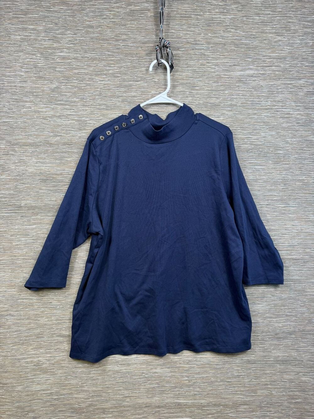 Isaac Mizrahi Live! Blouse Womens Sz 2X Blue Mock Neck Button Shoulder Tunic Top